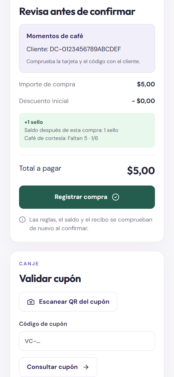 Caja de D Card · revisión de una compra de ejemplo