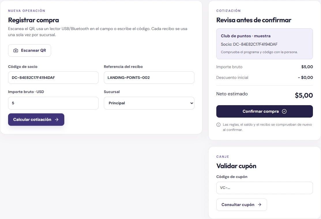 Caja: registro de una compra · datos de prueba