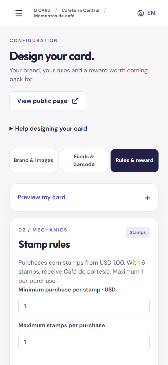Admin dashboard · designing a sample loyalty card