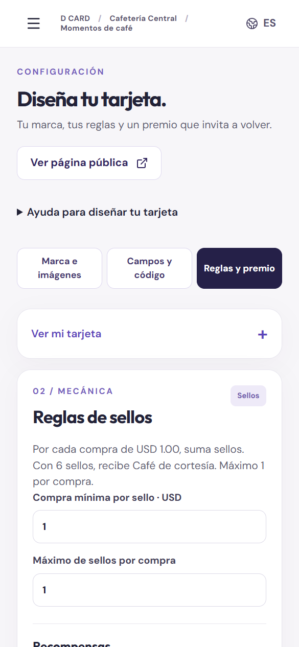Panel de administrador · diseño de una tarjeta de ejemplo