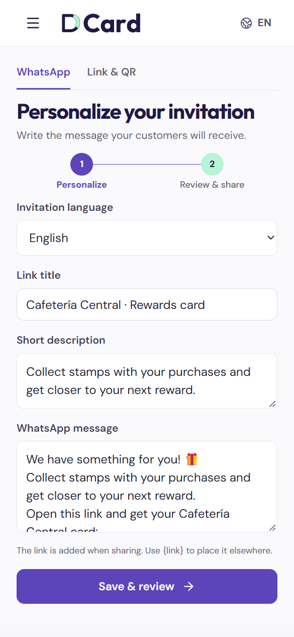 Sharing and QR · invitation from a sample coffee shop
