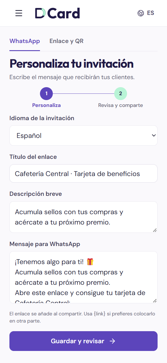 Compartir y QR · invitación de una cafetería de ejemplo