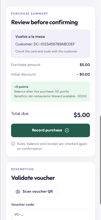 D Card checkout · sample purchase summary